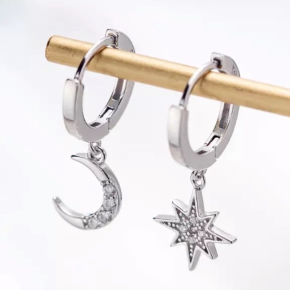 Jewelry - MOON STAR 925 STERLING SILVER DIAMOND HOOPS, NICE EARRINGS, CUTE EARRINGS